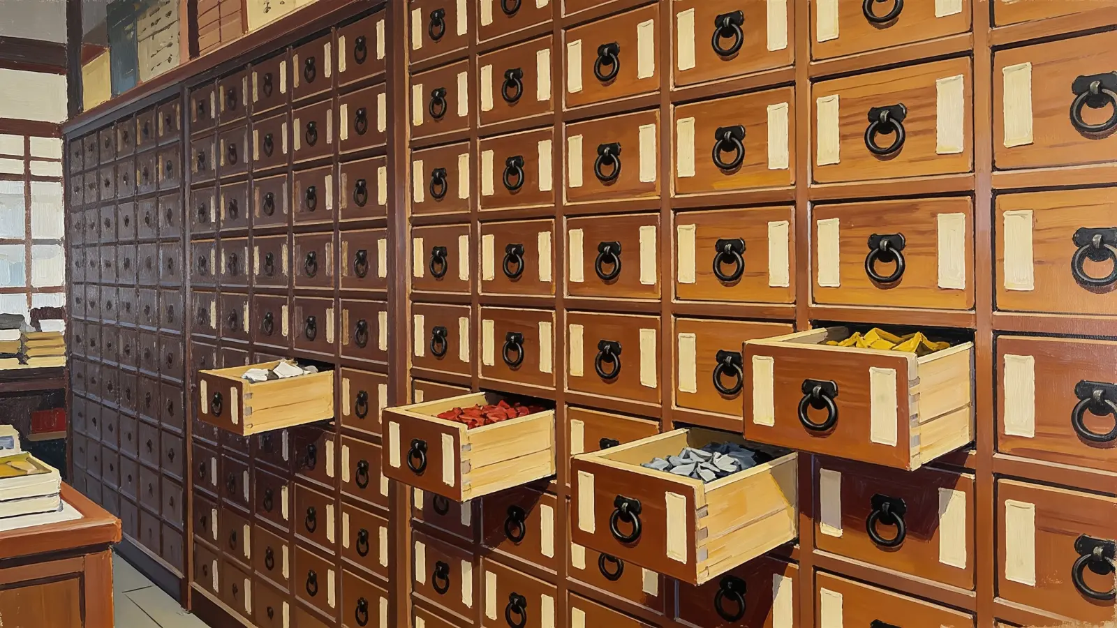 Eine Apotheker-Kommode mit vielen beschrifteten Schubladen