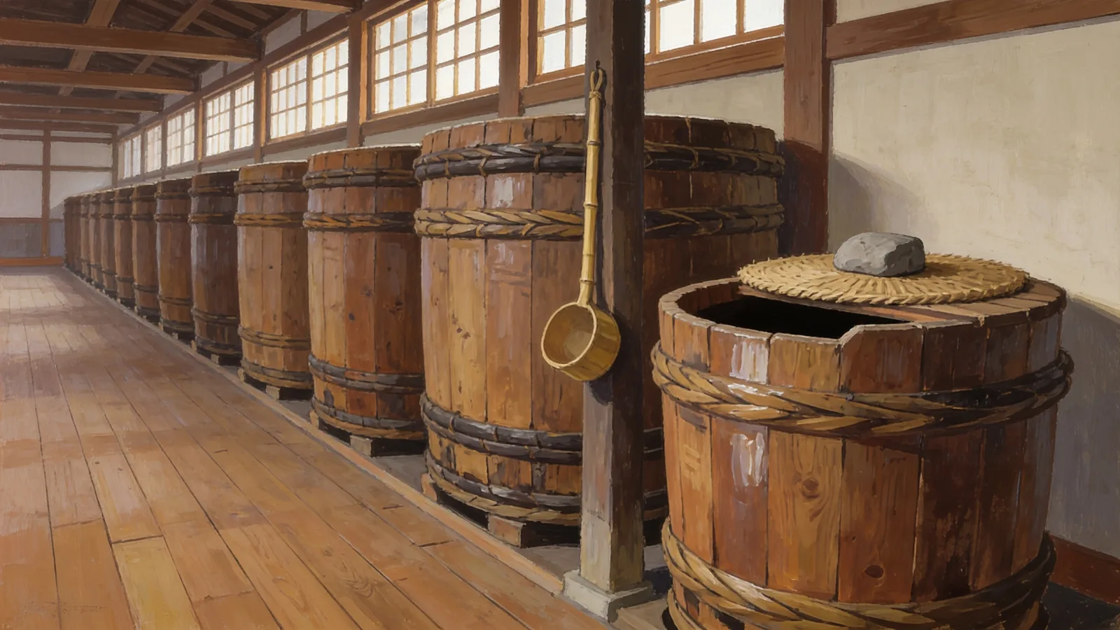 Eine Sake-Brauerei mit einer Reihe Gärbottiche aus Zedernholz, jeder mit Strohdeckel und Stein