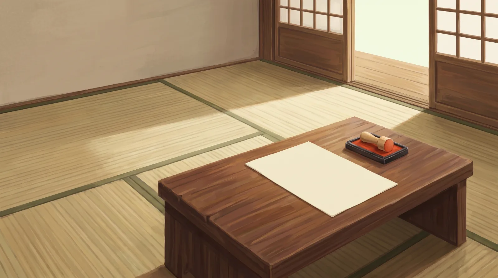 Ein helles Tatami-Zimmer mit offener Shoji, ein Blatt und ein Hanko liegen bereit — noch nicht gestempelt