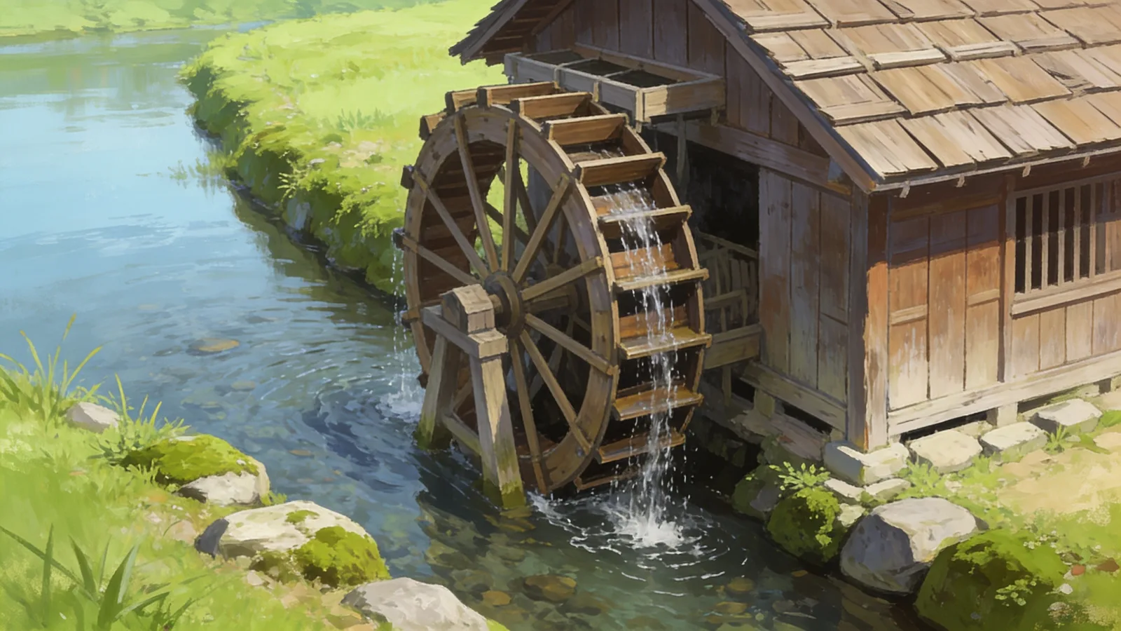 Eine Wassermühle, deren Rad sich von selbst dreht