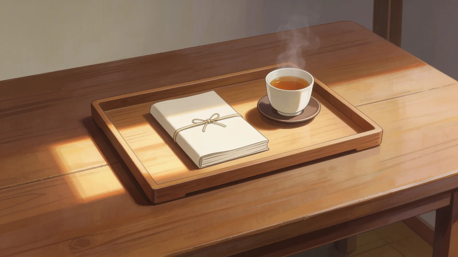 Ein Tablett mit dem ersten fertig gebundenen Ergebnis und einer dampfenden Tasse Tee