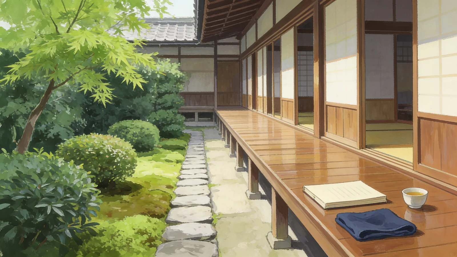 Eine Engawa-Veranda am Moosgarten, eine Schale Tee steht auf dem Holz