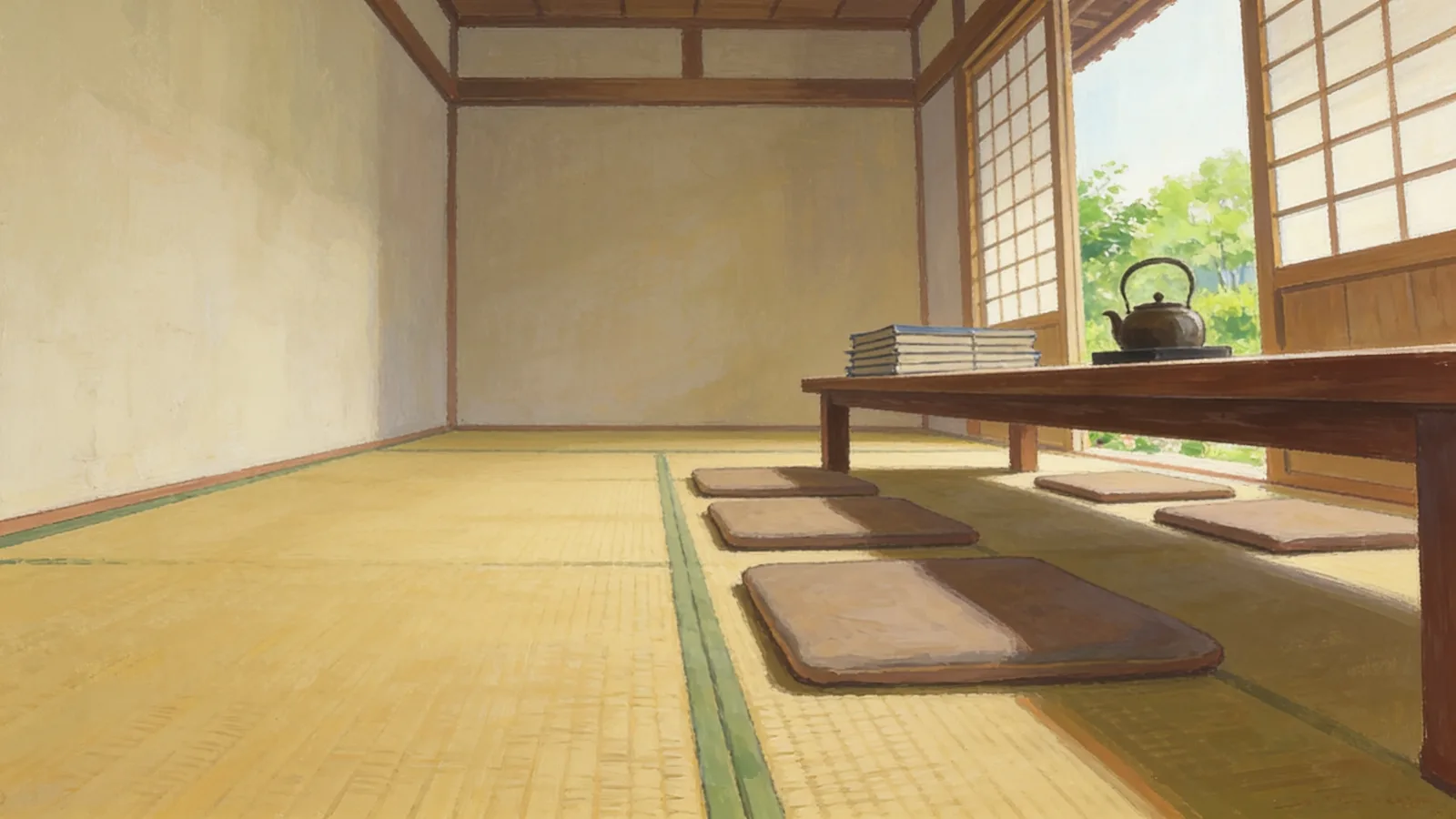 Ein Tatami-Raum mit langem Tisch und vier Sitzkissen