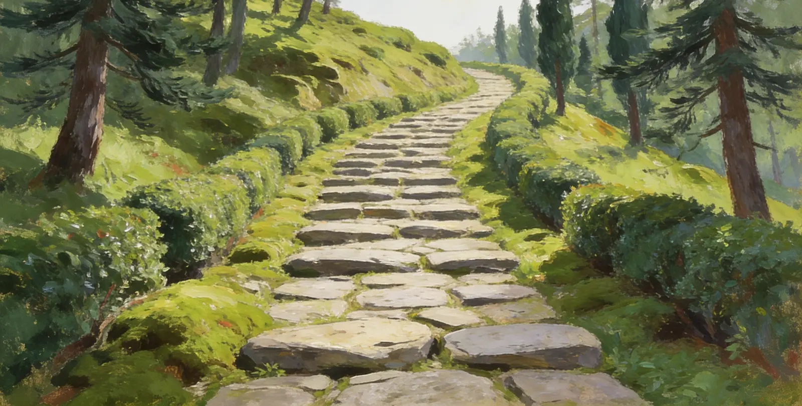 Ein gepflasterter Steinweg, gleichmäßig gelegt, durch einen bemoosten Hang