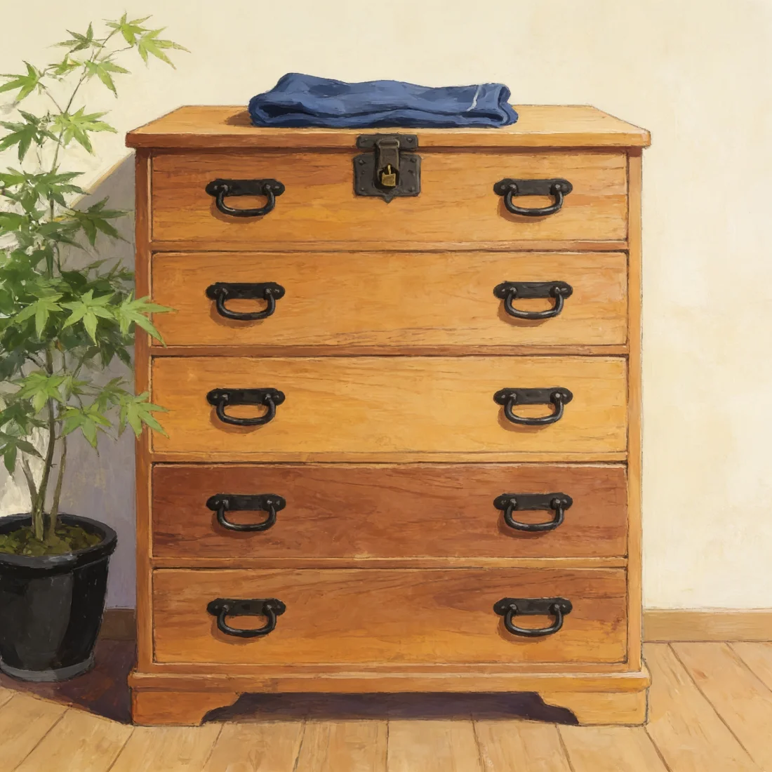 Eine Tansu-Kommode aus Holz, jede Schublade einzeln verschlossen