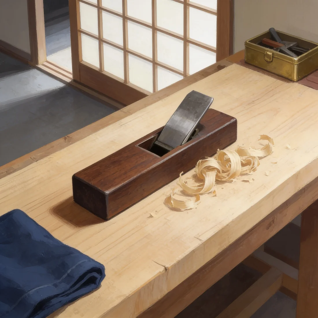 Eine japanische Hobelbank: ein Kanna-Handhobel auf einem gehobelten Zedernbrett, Hobelspäne daneben